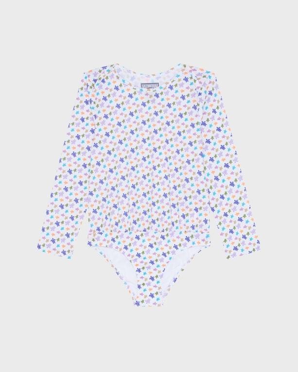 White long-sleeve one-piece swimsuit for girls featuring a colorful turtle print, made from lightweight material, designed for sun protection, by Vilebrequin, size 4.