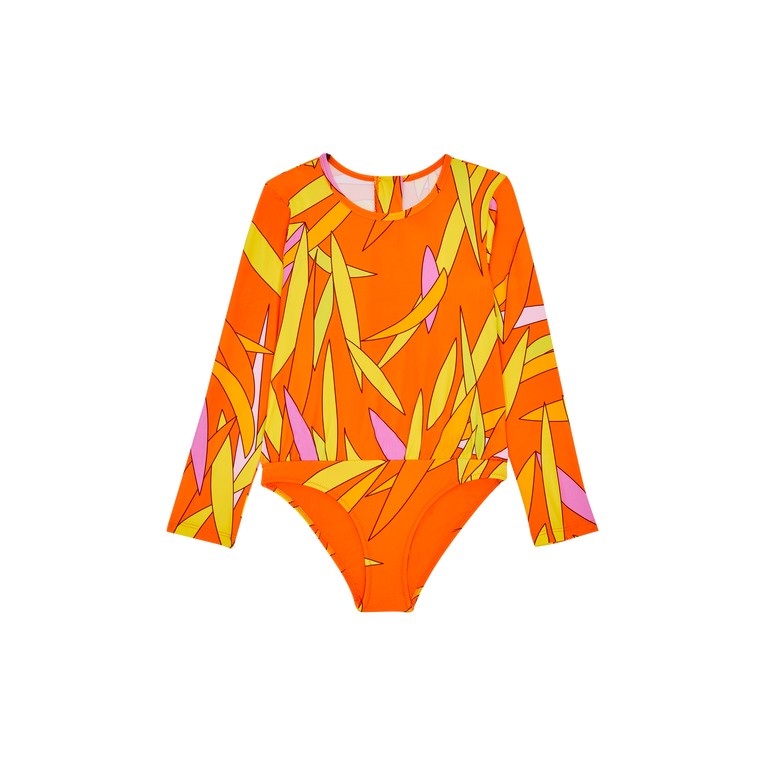 Bright orange one-piece zipped rashguard swimsuit for girls, featuring a vibrant abstract pattern with yellow and pink accents, made from stretchy material, size 10.