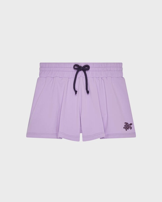 Purple girls' rashguard swim shorts by Vilebrequin, featuring an elastic waistband with a drawstring and a small turtle logo on the bottom right. Size 6.