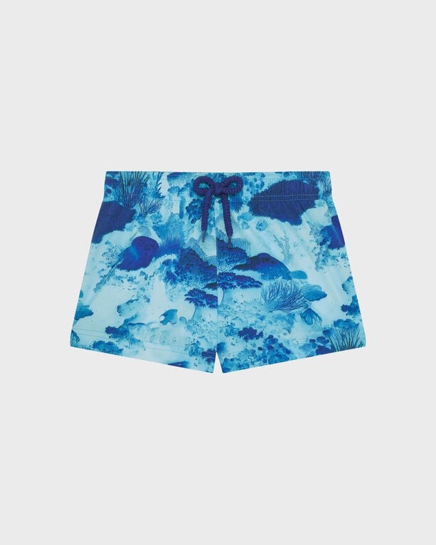 Girls' swim shorts in a vibrant blue coral reef pattern, featuring a drawstring waist and shorty cut, made from lightweight material, size 10.