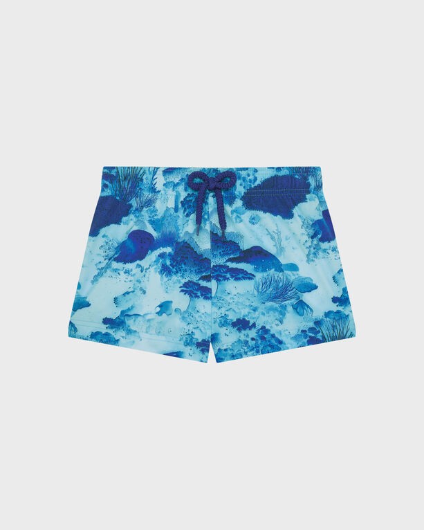 Girls' swim shorts in a vibrant coral reef design featuring shades of blue, made from lightweight material, with an elastic waistband and drawstring for a secure fit.