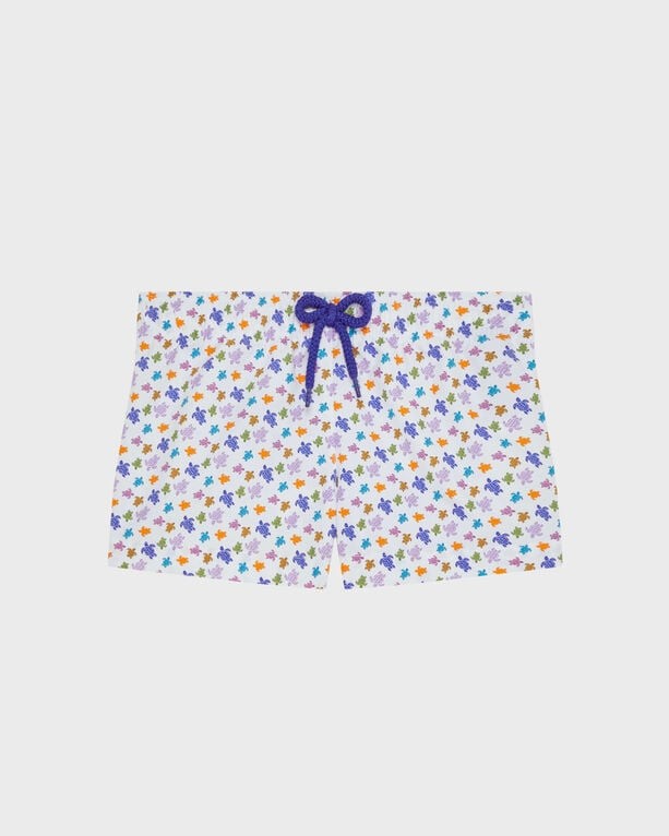 White girls' swim shorts featuring a colorful turtle print, with a purple drawstring and a shorty cut, made from lightweight material, size 6 by Vilebrequin.