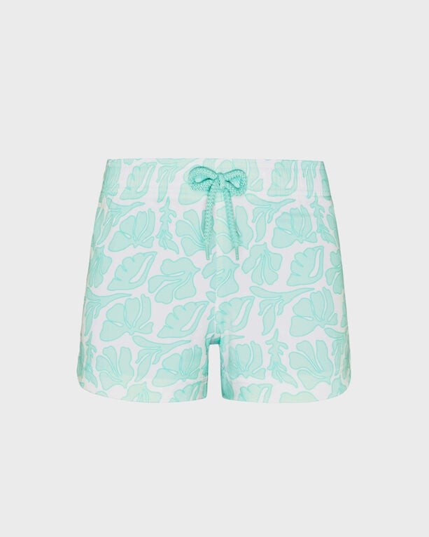 Girls' white swim shorts by Vilebrequin featuring a seashell and leaf pattern in mint green, with an adjustable drawstring waist, designed for size 10.
