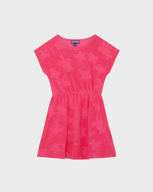 Bright pink terry dress for girls by Vilebrequin, featuring a relaxed fit, short sleeves, and a gathered waist, ideal for casual summer wear, size 10.