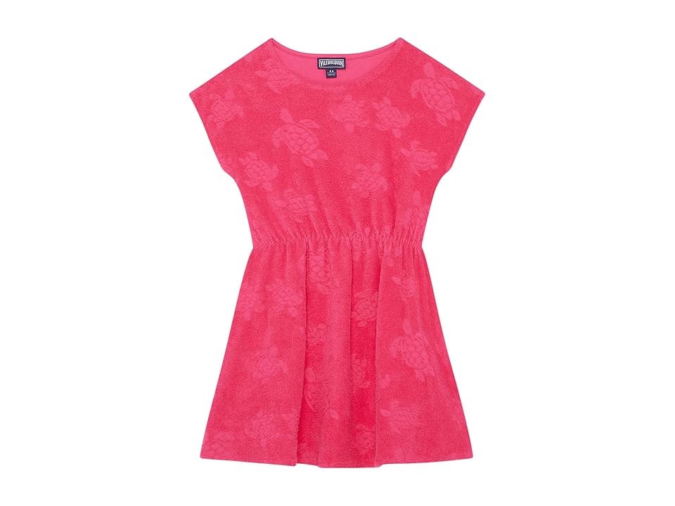 Bright pink terry dress for girls by Vilebrequin, featuring a relaxed fit, short sleeves, and a gathered waist, perfect for casual summer wear, size 8.