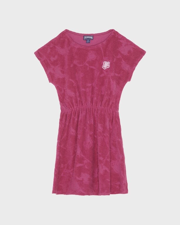 Golden-red terry jacquard dress with a fitted waist, short sleeves, and a floral design, featuring a small logo on the chest, available in size 8.