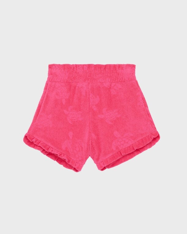 Pink terry jacquard shorts featuring a turtle pattern, with a ruffled hem and an elastic waistband, designed for girls in size 2 by Vilebrequin.