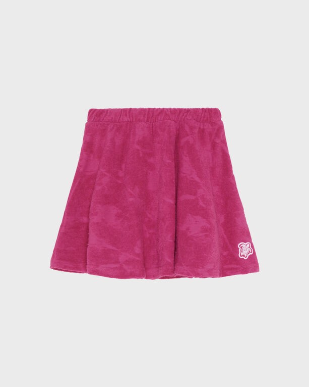 Red terry jacquard skirt featuring a pleated design and an embroidered logo, designed for girls in size 4.