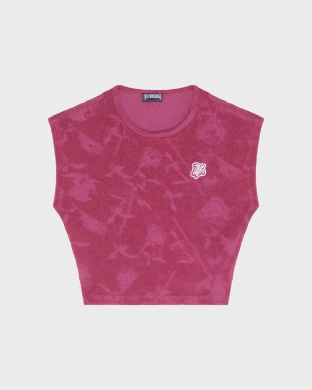 Red terry jacquard tank top featuring a rose pattern and a small embroidered rose logo, designed for girls, with a cropped, sleeveless cut in size 10.