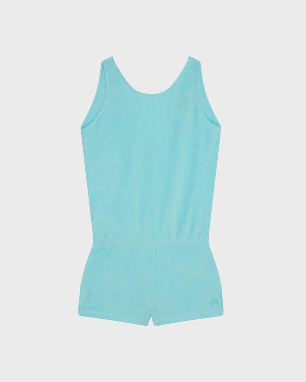 Solid blue terry playsuit for girls, featuring a sleeveless design and short legs, with a comfortable fit and Vilebrequin branding on the back. Size 8.