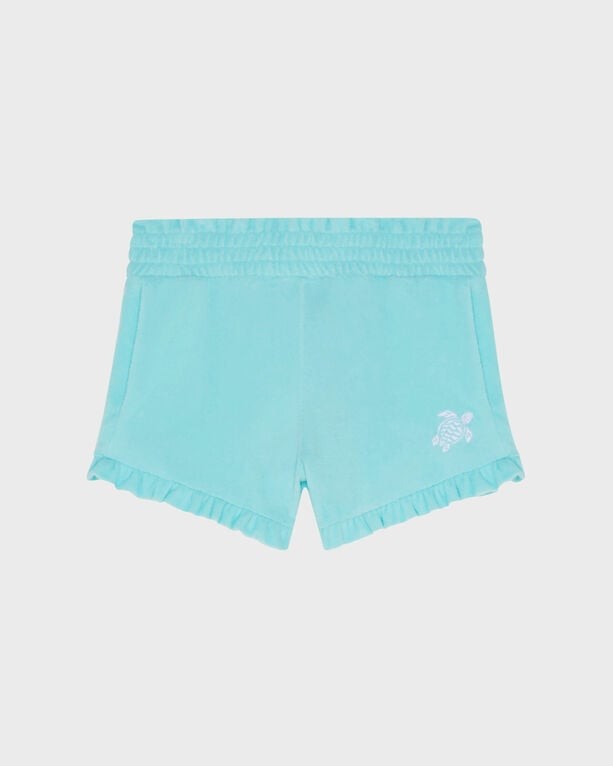 Light blue terry shorts with a ruffled hem and an embroidered turtle design, featuring an elastic waistband, sized 14, by Vilebrequin.