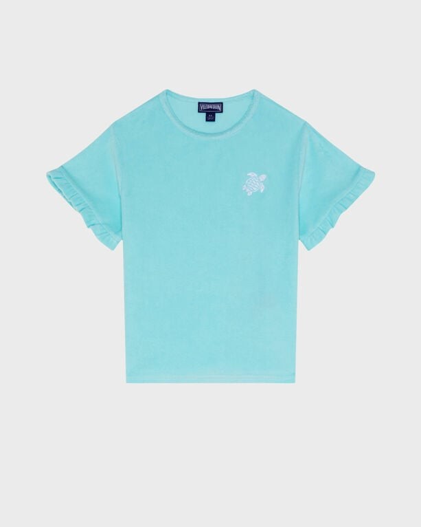 Light blue terry T-shirt with short ruffled sleeves, featuring an embroidered turtle design on the chest, labeled as size 10 by Vilebrequin.
