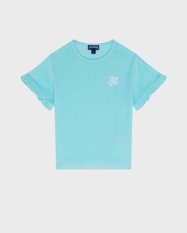 Light blue terry cloth T-shirt for girls featuring a ruffled sleeve design and an embroidered turtle on the front, available in size 6 by Vilebrequin.