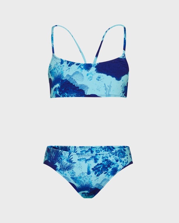 Girls' two-piece swimsuit in shades of blue featuring a coral reef print, adjustable straps, and a classic bikini bottom, made from soft, stretchy material, size 12.