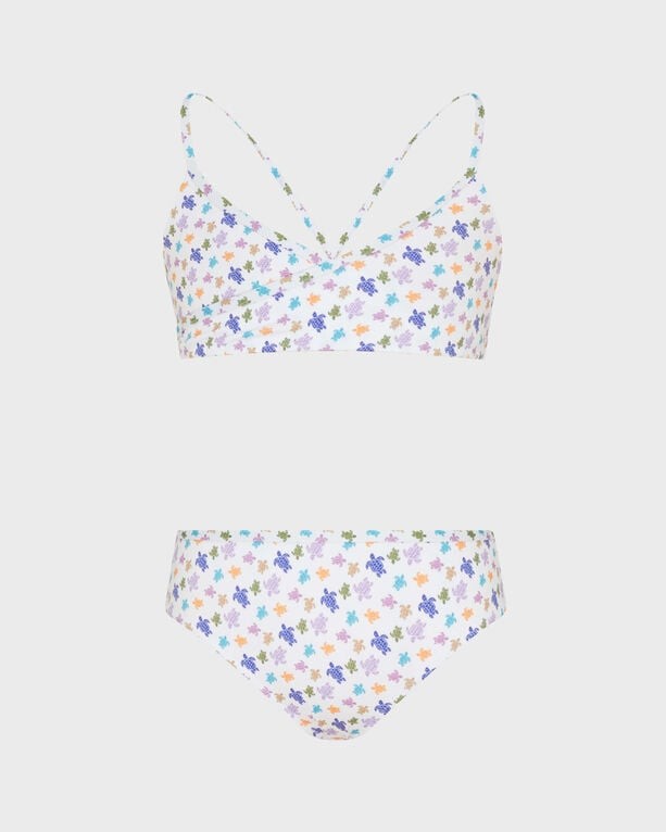 Girls' two-piece swimsuit in white with a colorful turtle print, featuring a strappy top and matching high-waisted bottoms, made from lightweight swimwear material, size 14.