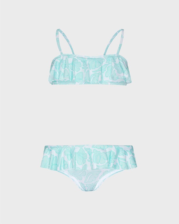Girls' two-piece swimsuit in white with a seashell pattern, featuring a ruffled crop top and matching bikini bottom, made from lightweight, quick-drying material. Size 2.