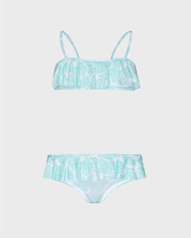 Girls' two-piece swimsuit in light blue with seashell patterns, featuring a ruffled top and matching bikini bottom, made from soft swimwear material, size 8.