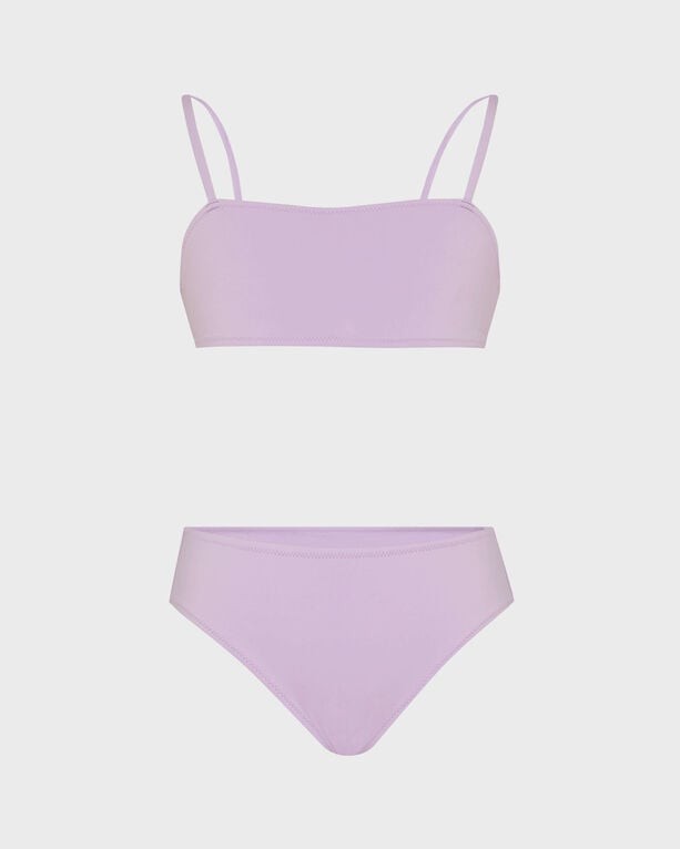 Girls' two-piece swimsuit in solid purple, featuring a bandeau top with thin straps and high-waisted bikini bottoms, made from smooth, stretchy material, size 14.