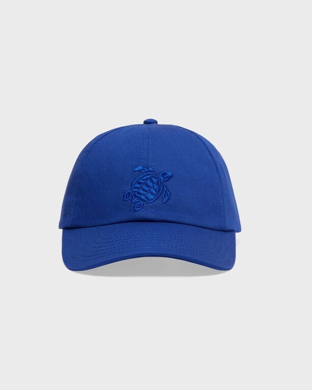 Solid blue kids' cap by Vilebrequin featuring a front turtle logo embroidery, adjustable strap, and a classic curved brim design.