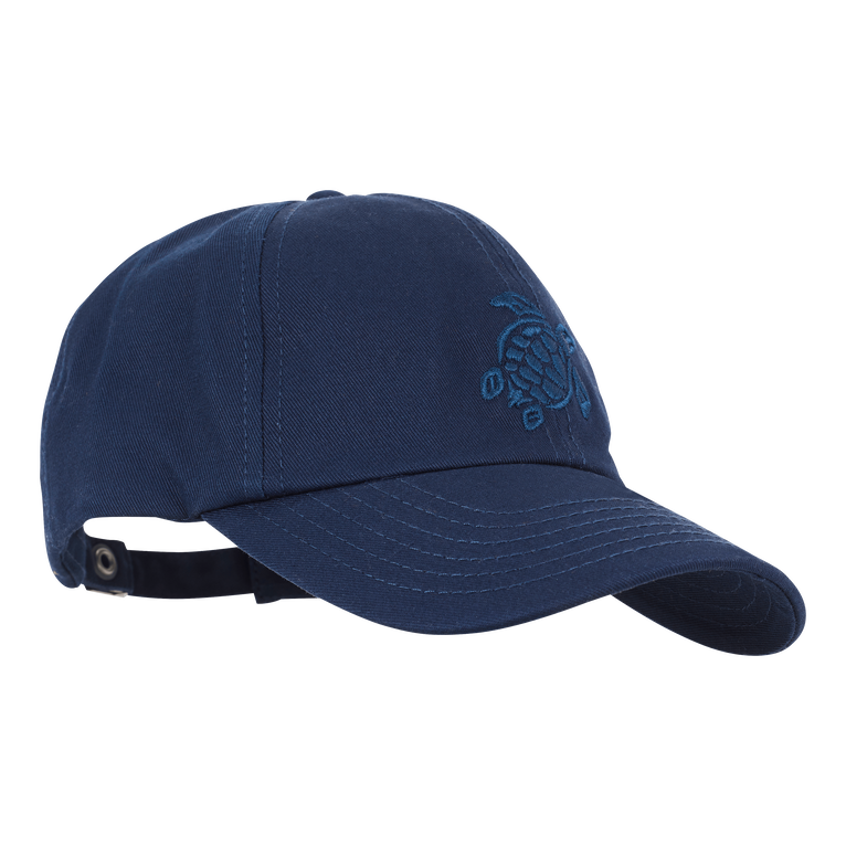 Blue cotton kids' cap with a curved brim, featuring an embroidered turtle logo on the front and an adjustable strap at the back for a secure fit.
