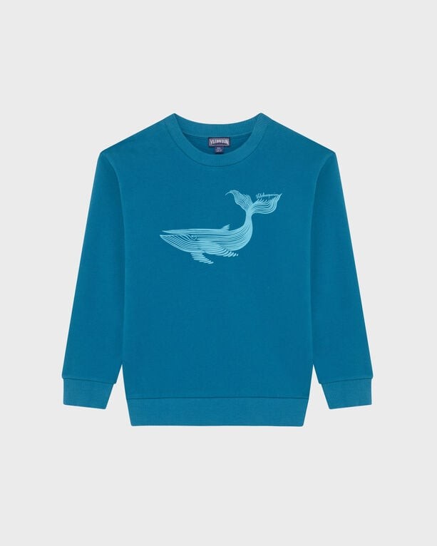 Blue crewneck sweatshirt for kids made of cotton, featuring a large placed whale graphic in light blue on the front, with ribbed cuffs and hem. Size 12.