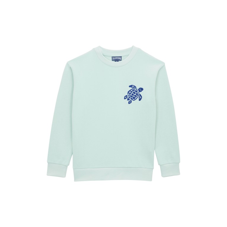 Light blue crewneck sweatshirt for kids featuring an embroidered turtle design on the left chest, made from soft material, available in size 2.