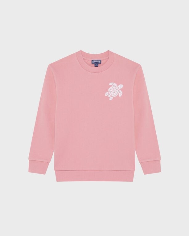 Pink crewneck sweatshirt for kids by Vilebrequin, featuring an embroidered turtle design on the left chest, made from soft material, in size 14.