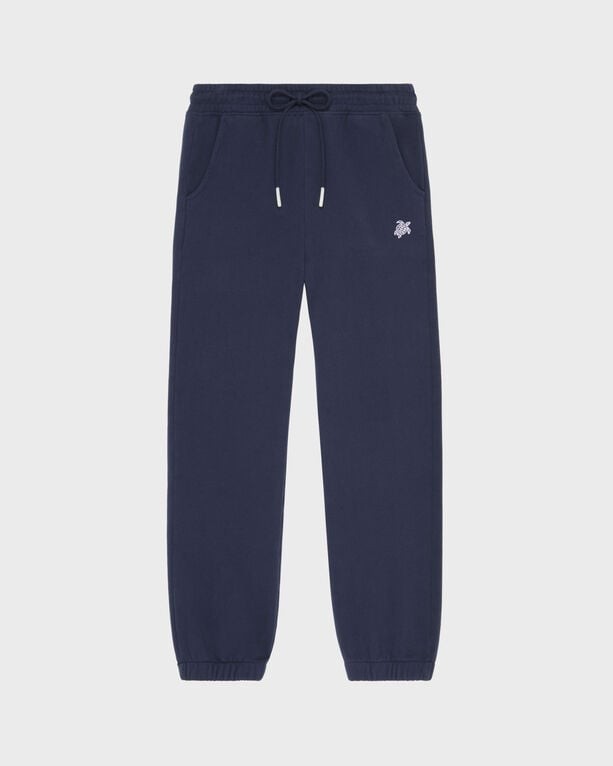 Blue jogger pants for kids by Vilebrequin, featuring an embroidered turtle logo, elastic waistband with drawstring, and side pockets. Size 10.