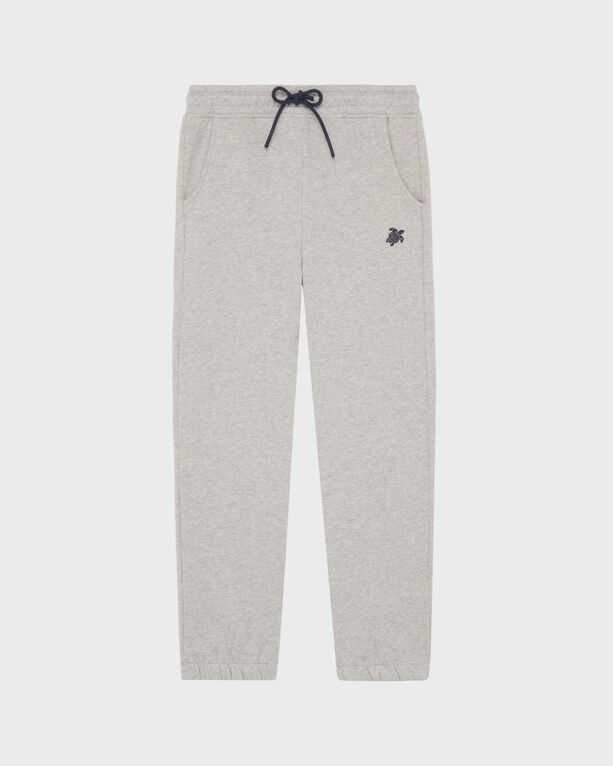 Grey jogger pants for kids by Vilebrequin, featuring an embroidered turtle logo, elastic waistband with drawstring, and cuffed ankles, size 6.