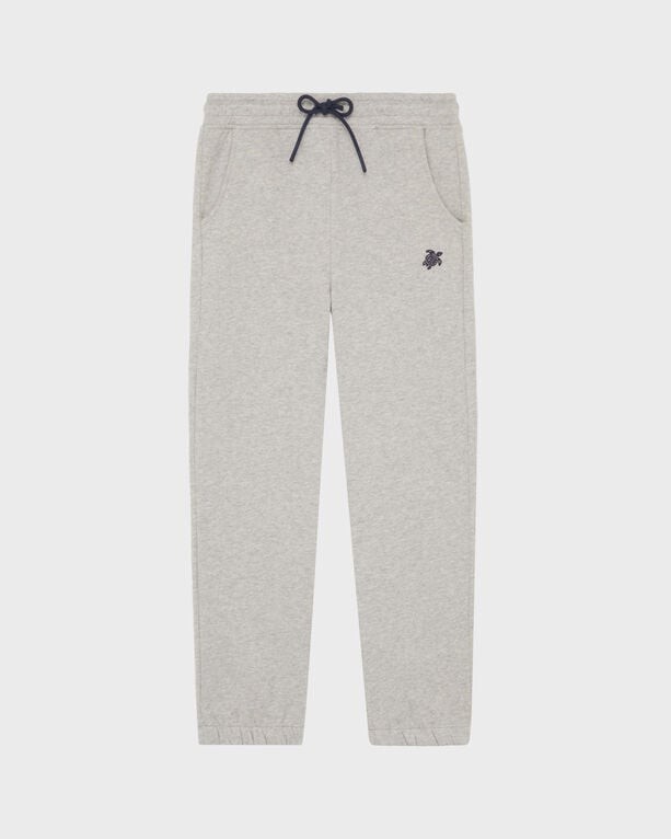 Light grey jogger pants for kids by Vilebrequin, featuring an embroidered turtle logo, elastic waistband with drawstring, and cuffed ankles, available in size 8.