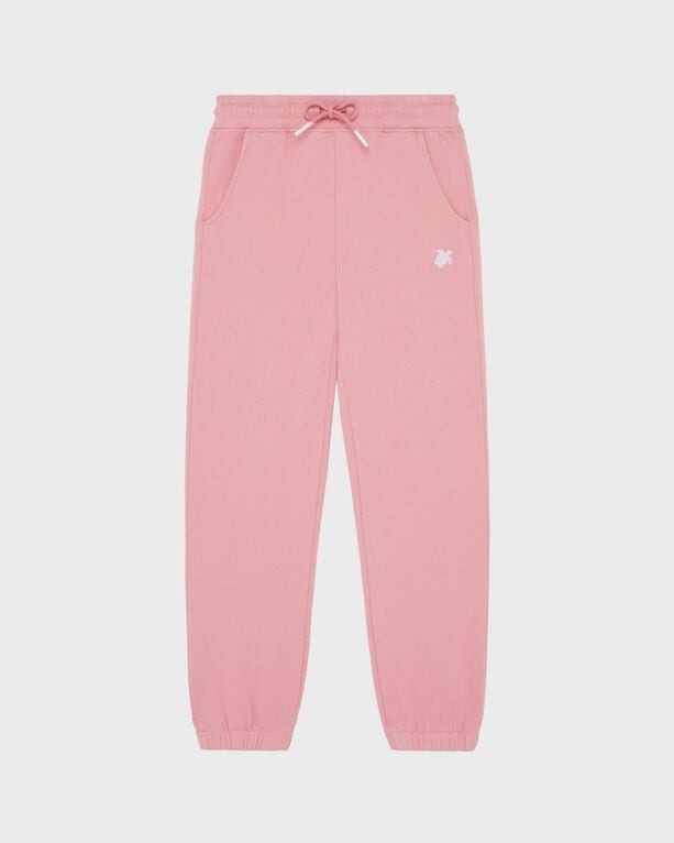 Pink kids jogger pants by Vilebrequin, featuring an embroidered turtle logo, elastic waistband with drawstring, and cuffed ankles, made from soft material, size 4.