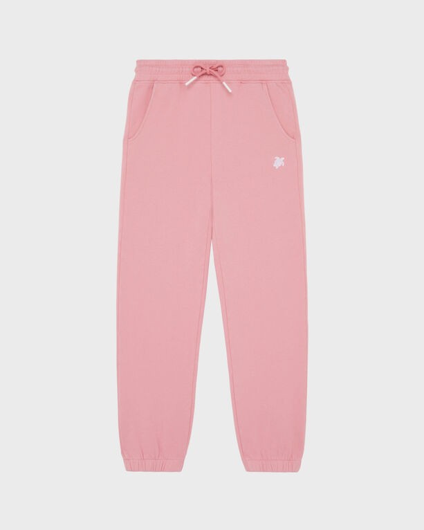 Pink jogger pants for kids by Vilebrequin, featuring an embroidered turtle logo, elastic waistband with drawstring, and cuffed ankles, available in size 6.