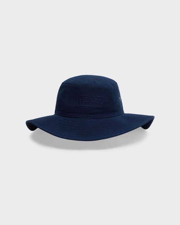 Navy blue bucket hat made of lightweight material, featuring a wide brim and embossed logo on the front, designed for kids in a one-size-fits-all format.
