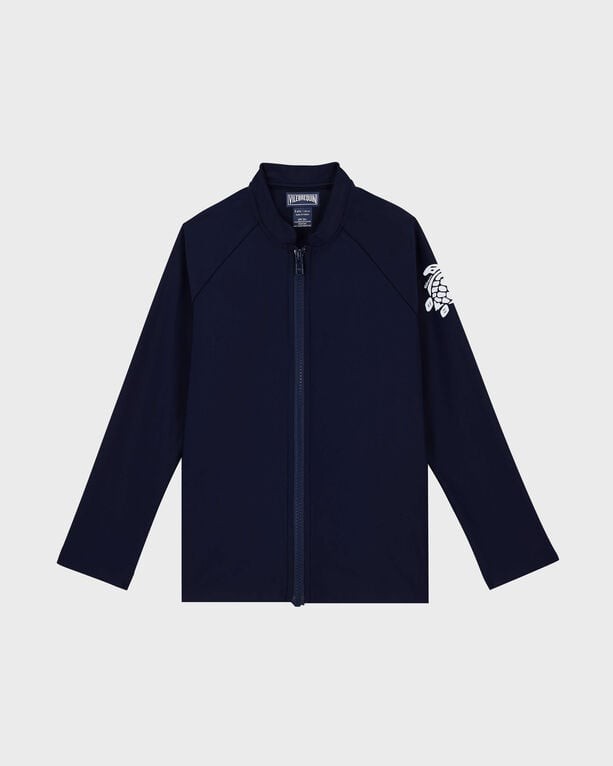 Kids' long-sleeve rashguard in solid blue, featuring a zip front and a white graphic on the left sleeve, made from lightweight, quick-drying material, size 2.