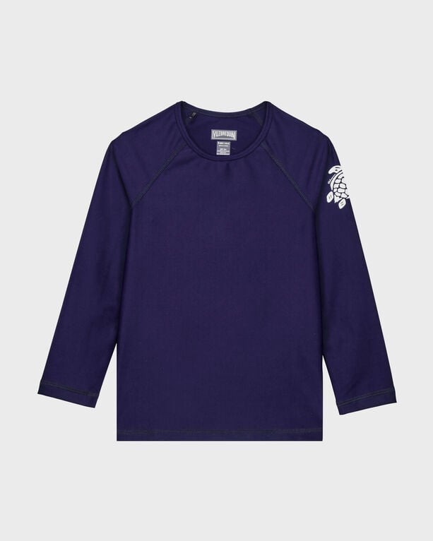 Blue long-sleeve rashguard for kids by Vilebrequin, featuring a solid design and a logo on the left sleeve, made from lightweight, quick-drying material, size 10.