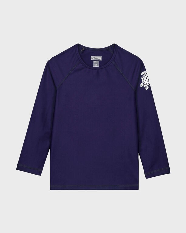 Kids' long-sleeve rashguard in solid blue, featuring a round neckline, raglan sleeves, and a logo detail on the left sleeve, made from quick-drying material, size 12.