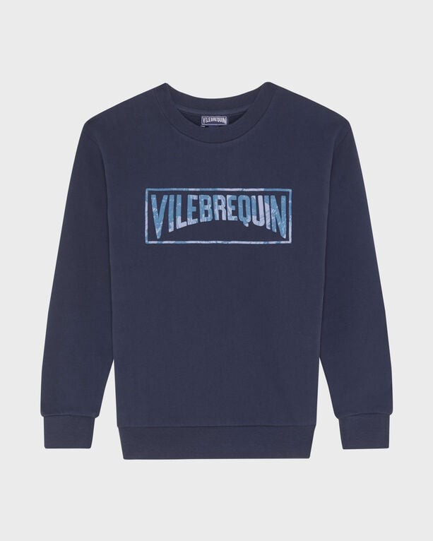 Blue organic cotton sweatshirt featuring a flocked Vilebrequin logo in a rectangular design, with long sleeves and a crew neckline, size 12.