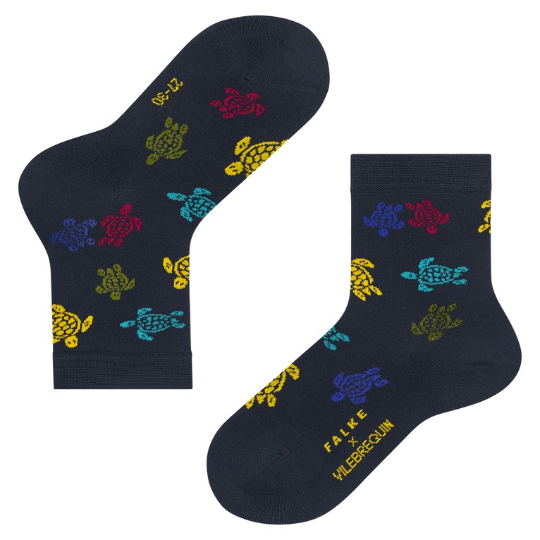 Blue kids' socks featuring multicolored turtle designs in yellow, green, and red, with "FAKE X VILEBREQUIN" branding, available in size 19-22.