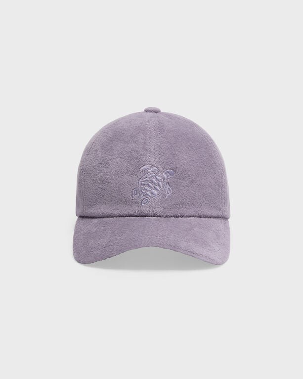 Purple terry cap featuring a turtle embroidery on the front, designed for kids, with a classic curved brim and adjustable fit, labeled as size OSFA.