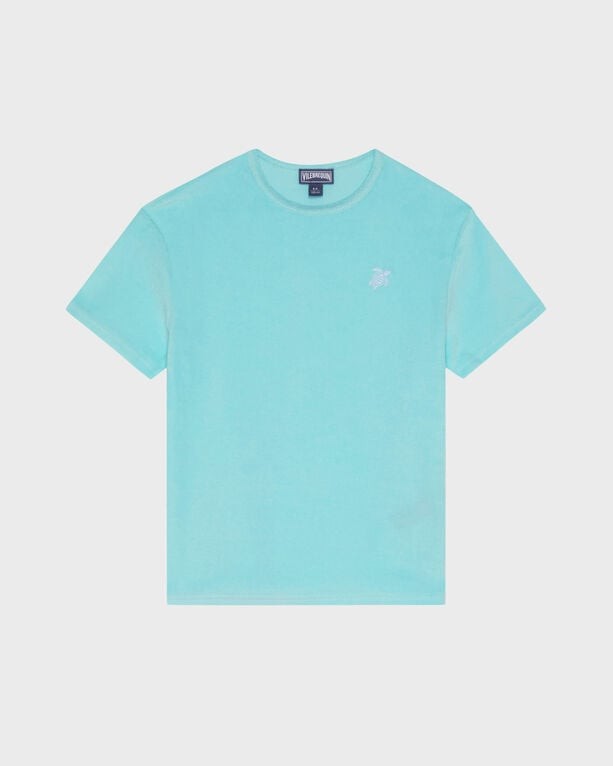 Light blue terry T-shirt for kids by Vilebrequin, featuring an embroidered turtle logo on the chest, with a classic crew neckline and short sleeves, size 2.