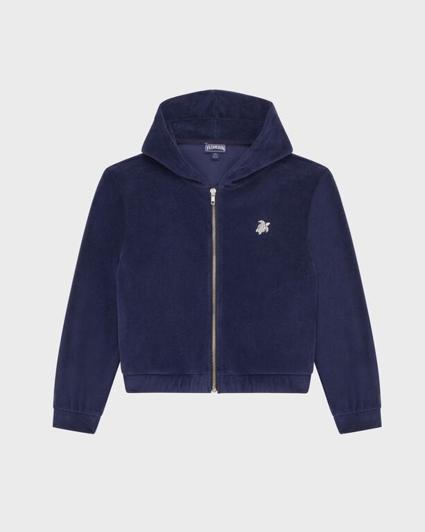 Kids' blue velvet full zip sweatshirt featuring an embroidered turtle logo, a hood, and ribbed cuffs, designed by Vilebrequin in size 8.