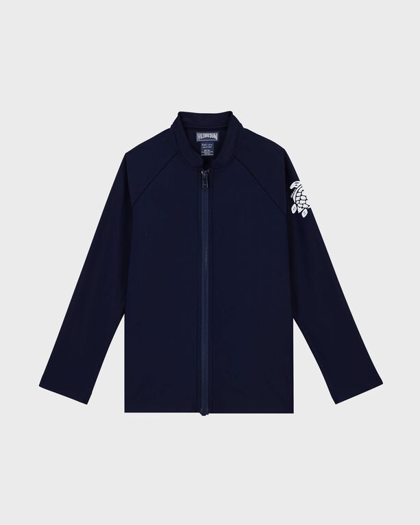 Blue long-sleeve rashguard for kids by Vilebrequin, featuring a front zipper and a Ginko leaf design on the left sleeve, made from lightweight, quick-drying material, size 12.