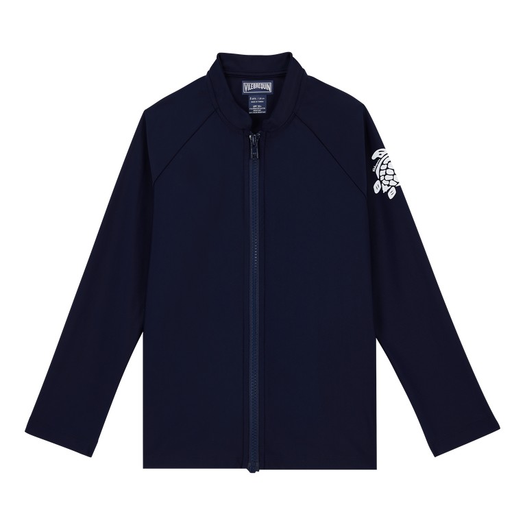 Blue long-sleeve rashguard for kids by Vilebrequin, featuring a front zipper, raglan sleeves, and a white Ginkgo leaf logo on the left arm, made from lightweight, quick-drying material.