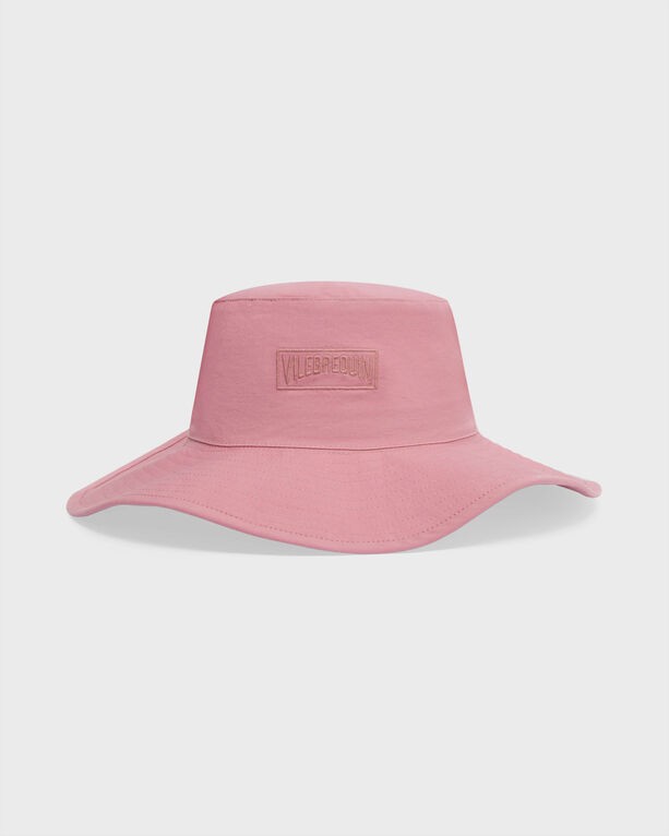 Solid pink large bucket hat by Vilebrequin, featuring a wide brim and an embossed logo on the front, made from lightweight material, designed for a comfortable fit.