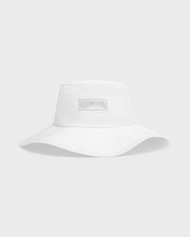 Large white bucket hat made of soft material featuring a stitched Vilebrequin logo on the front, with a wide brim and a classic design. Size OSFA.