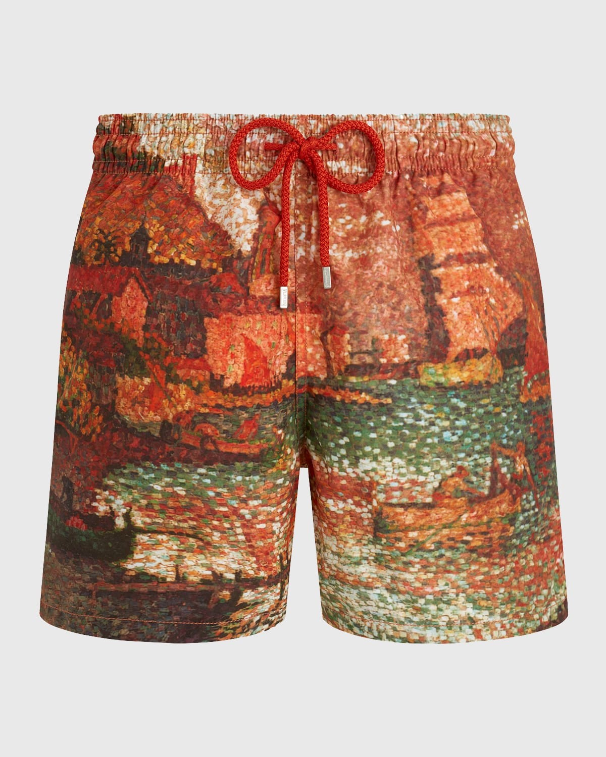 Red swim shorts featuring a vibrant print inspired by Paul Signac's artwork, with an elastic waistband and drawstring, designed for men in size S.