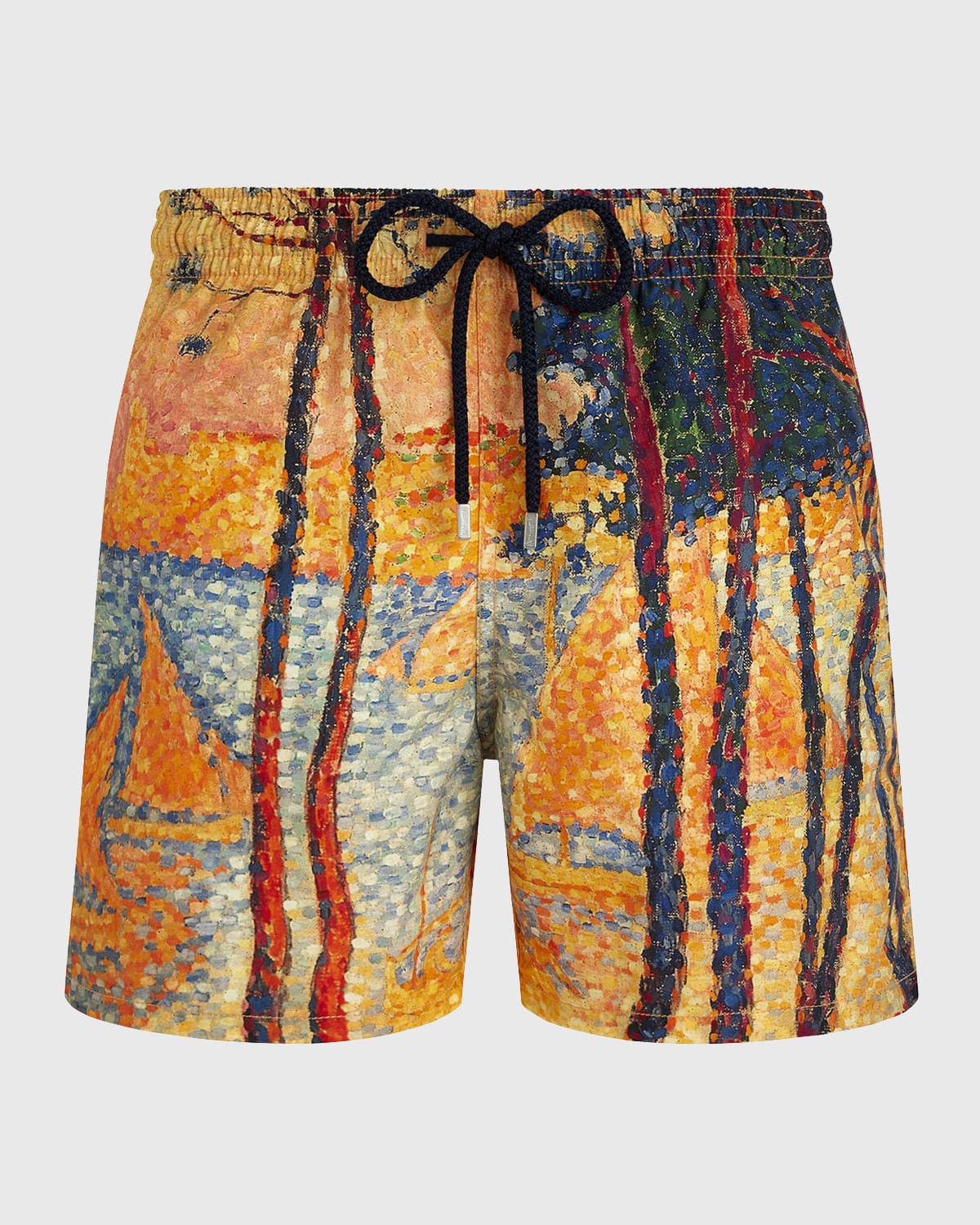 Men's yellow swim shorts featuring a vibrant print inspired by Paul Signac, showcasing sailboats and trees, made from lightweight voile material with an elastic waistband and drawstring.