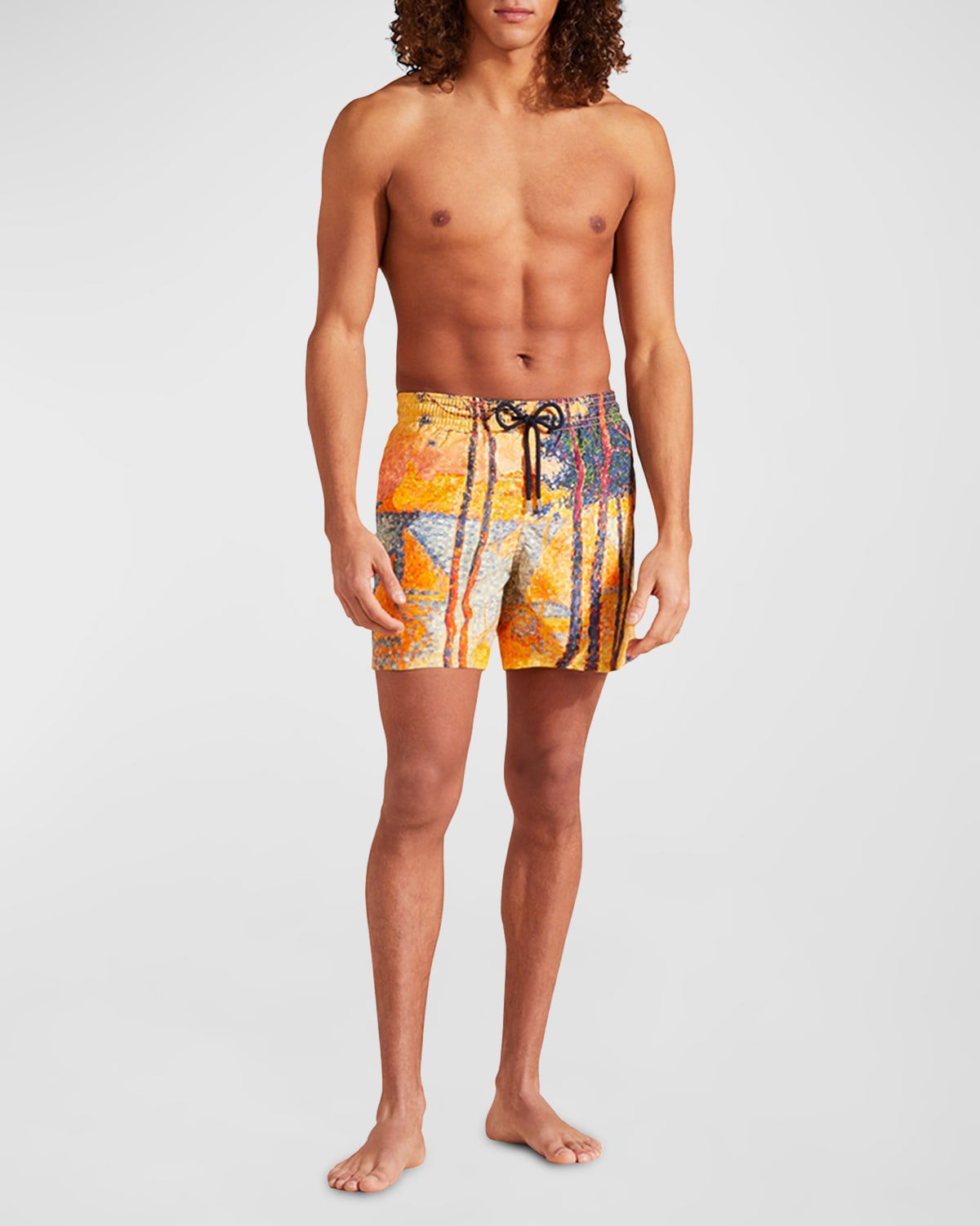 Men's Vilebrequin 360 swim shorts in vibrant yellow with a colorful abstract print, featuring a drawstring waist and a lightweight, breathable fabric, size L.
