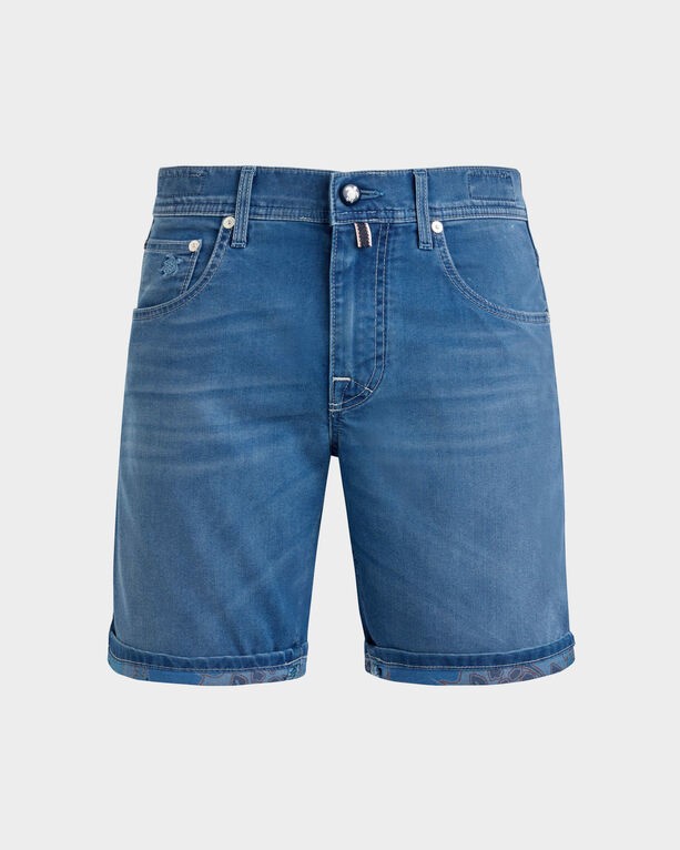 Men's blue denim Bermuda shorts with five pockets, featuring a rolled hem and a tropical turtle pattern on the inner lining, size 37 by Vilebrequin.
