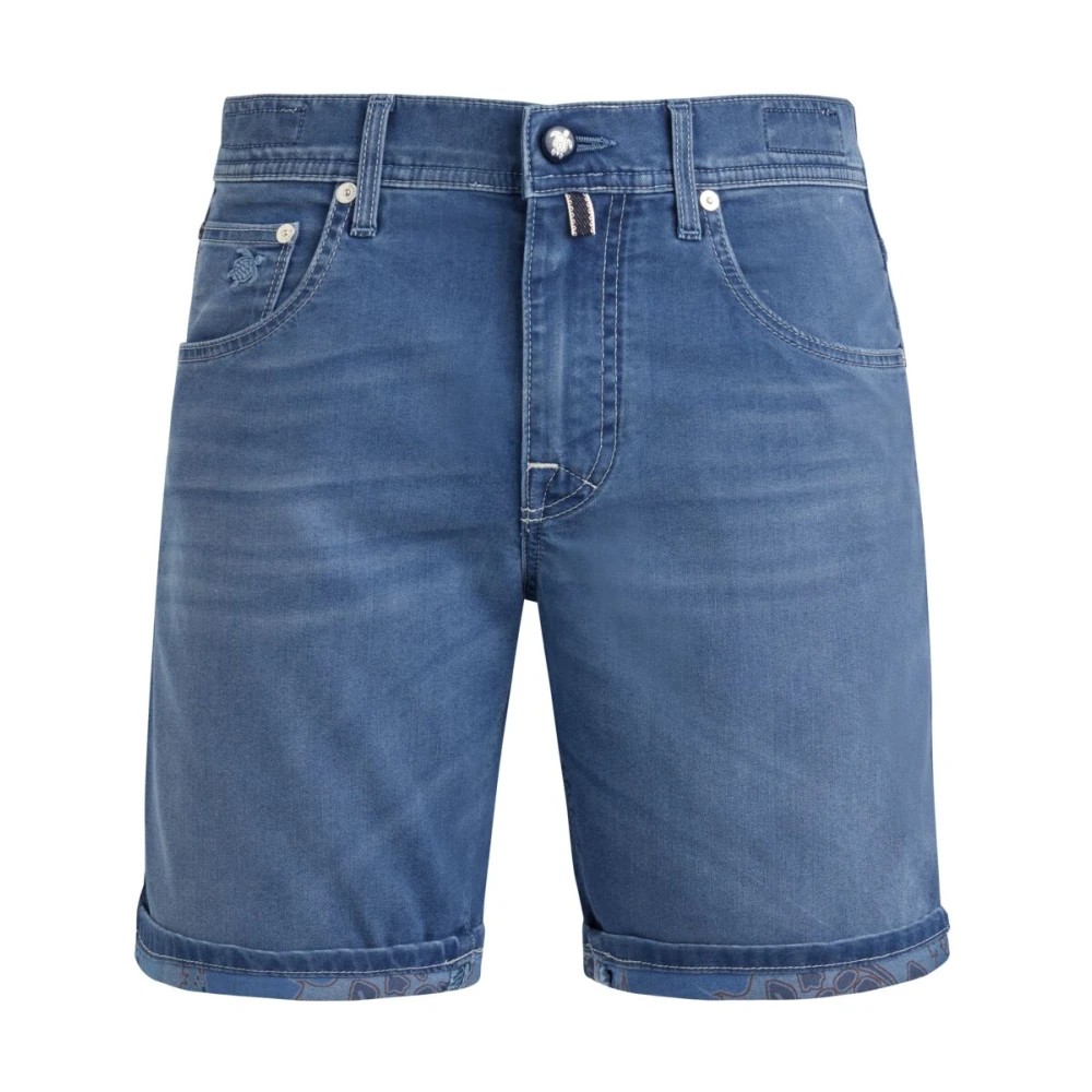 Blue denim Bermuda shorts featuring five pockets, rolled cuffs, and a tropical turtle pattern on the inner waistband, size 33 by Vilebrequin.